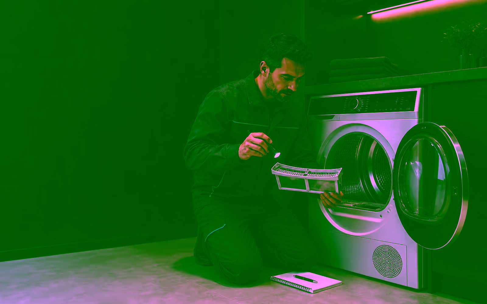 Ilustración editorial de un técnico independiente revisando una secadora con bomba de calor Siemens en Barcelona