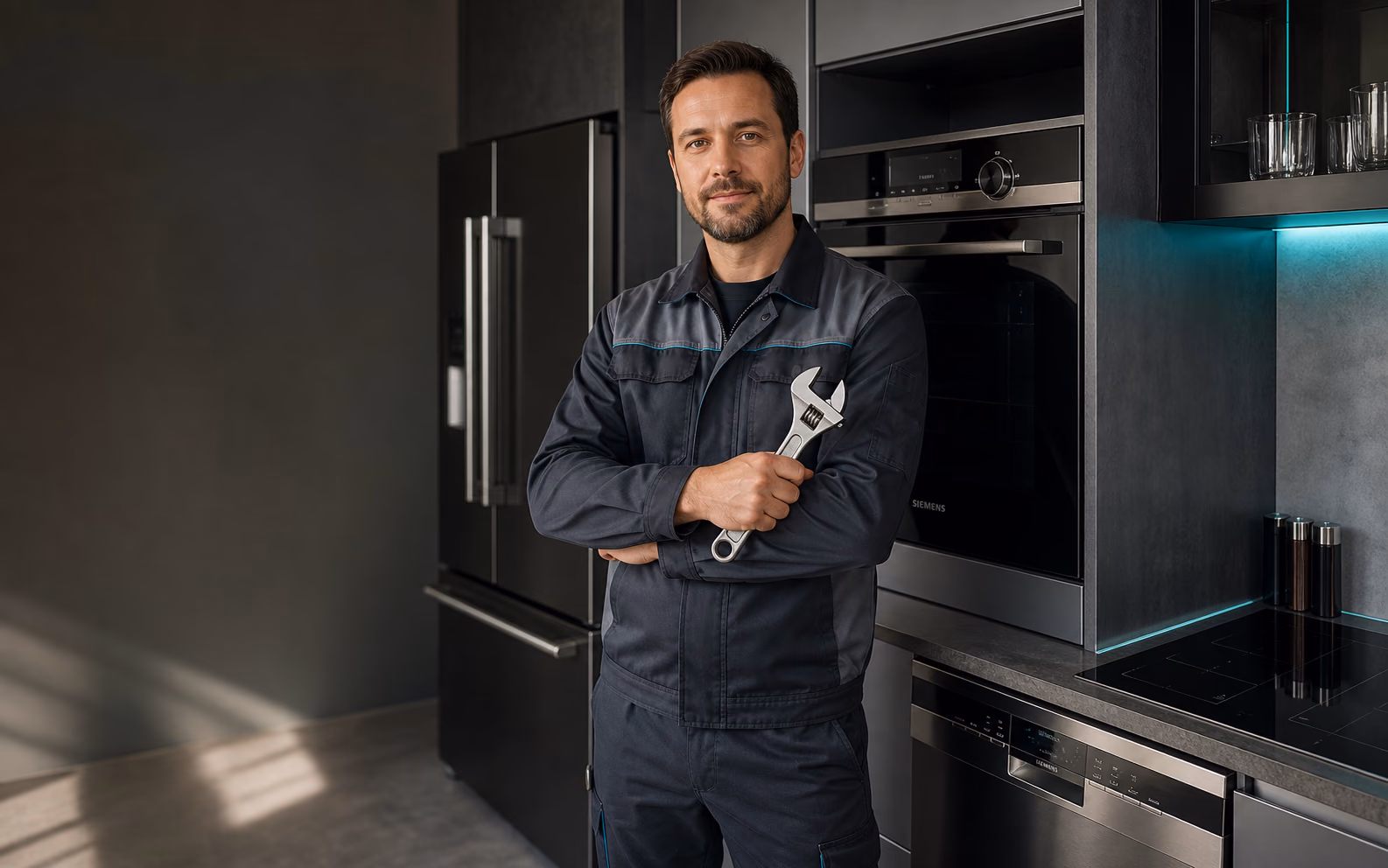 Ilustración editorial de un técnico independiente con uniforme propio y electrodomésticos Siemens en una cocina contemporánea
