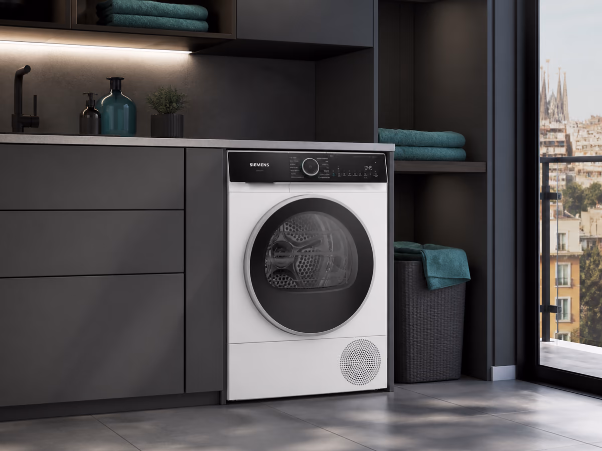 Ilustración editorial representativa de secadora Siemens WQ46N2D0ES en una cocina contemporánea